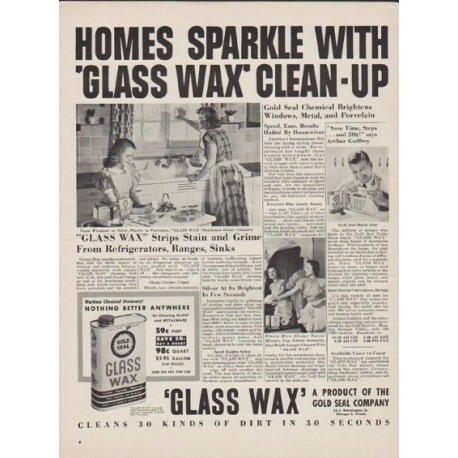 1949 Glass Wax by Gold Seal Ad "Homes Sparkle With 'Glass Wax' Clean-Up"