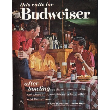 1963 Budweiser Beer Ad "after bowling"