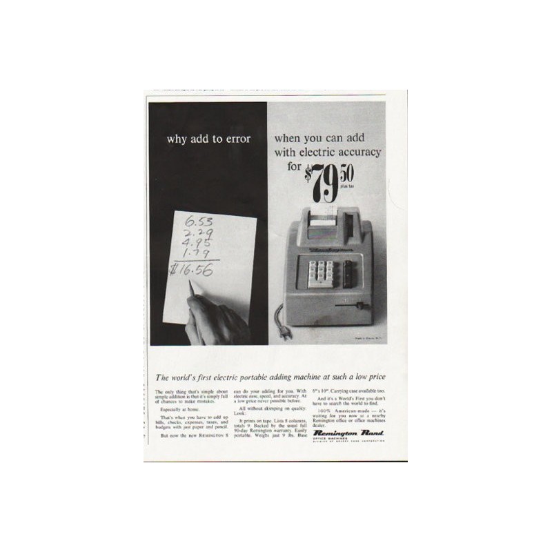 1963 Remington Rand Vintage Ad "why add to error"