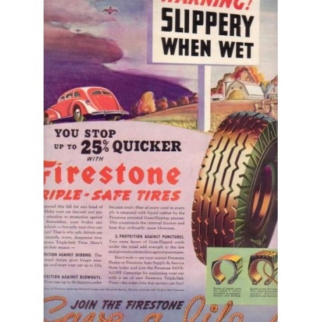 1937 Firestone Tires Ad "Slippery When Wet"