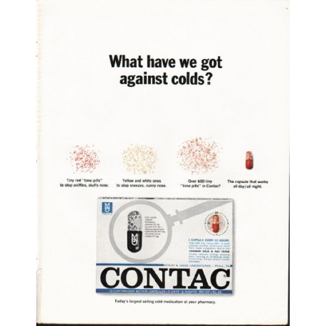 1965 Contac Cold Medicine Ad "against colds"