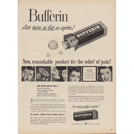 1949 Bufferin Ad "Acts twice as fast as aspirin!"
