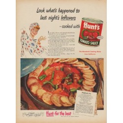 1949 Hunt's Tomato Sauce Ad "Look what's happened to last night's leftovers"