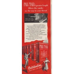 1949 Pall Mall Ad "filters the smoke on the way to your throat"