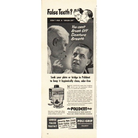 1948 Polident Denture Cleaner Ad "False Teeth?"