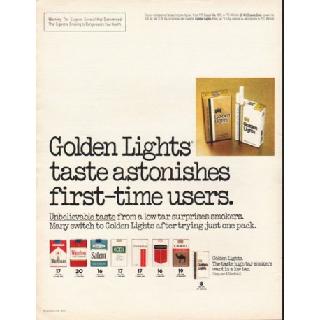 1980 Golden Lights Cigarettes Ad "taste astonishes"