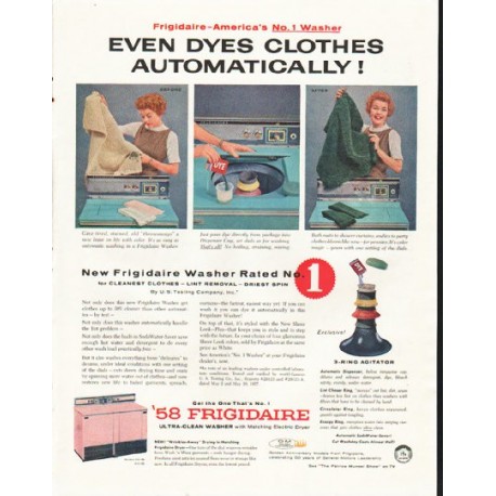 1958 Frigidaire Washer Ad "Dyes Clothes"