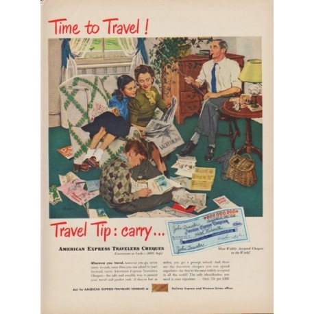 1949 American Express Travelers Cheques Ad "Time to Travel!"