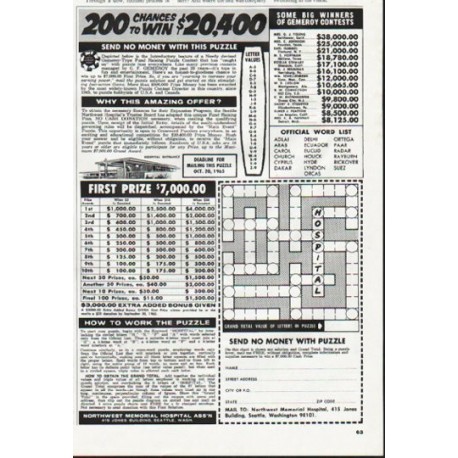 1965 Northwest Memorial Hospital Ad "200 Chances To Win"