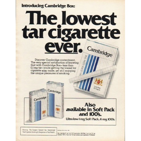 1980 Cambridge Cigarettes Ad "lowest tar cigarette"