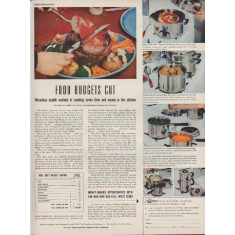 1949 Lifetime Stainless Steel Ad "Food Budgets Cut"