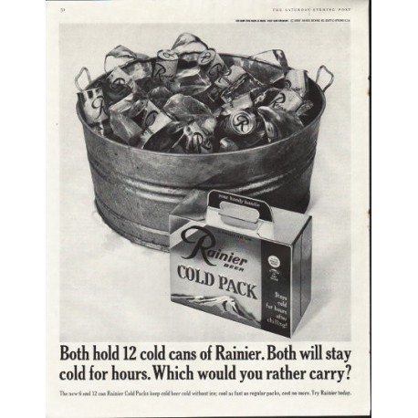 1961 Rainier Beer Ad "cold for hours"