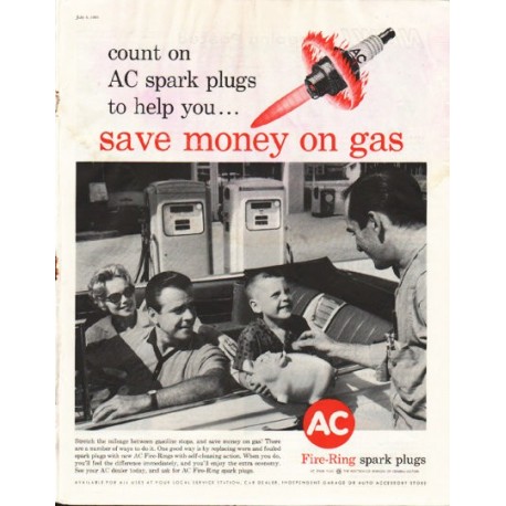 1961 AC Spark Plugs Ad "save money on gas"