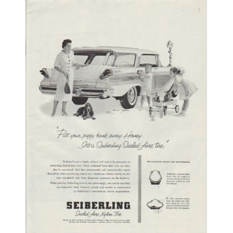 1958 Seiberling Tires Ad "Piggy Bank"