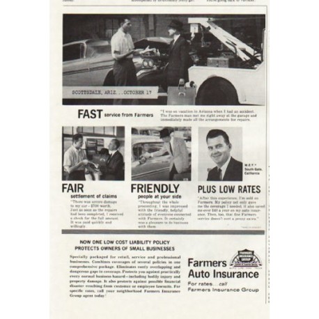 1961 Farmers Auto Insurance Ad "Fast - Fair - Friendly"