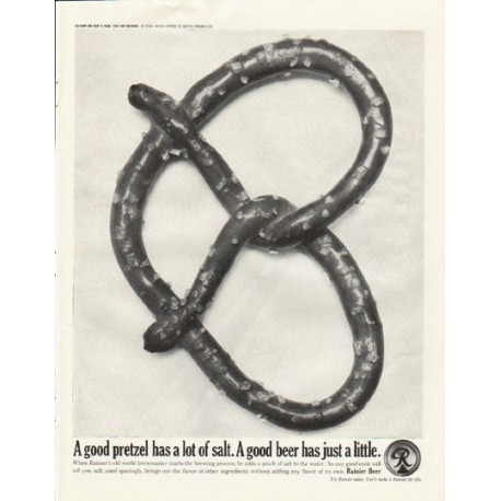 1961 Rainier Beer Ad "A good pretzel"