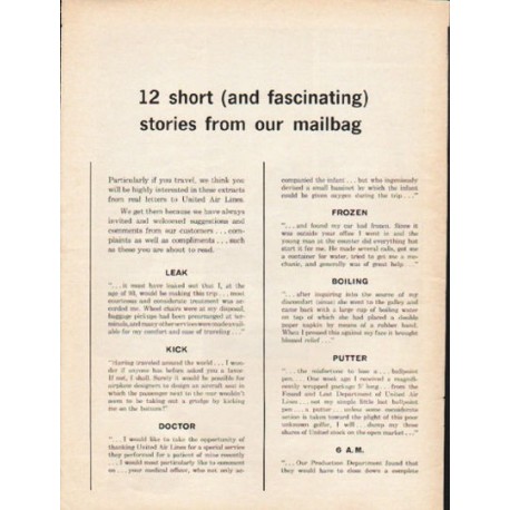 1962 United Air Lines Ad "12 short (and fascinating) stories from our mailbag"