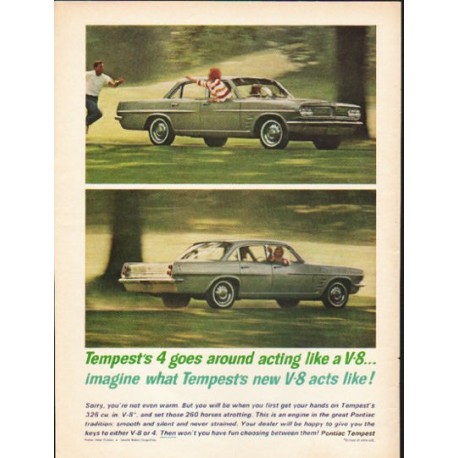 1963 Pontiac Tempest Ad "goes around acting like a V-8" ~ (model year 1963)