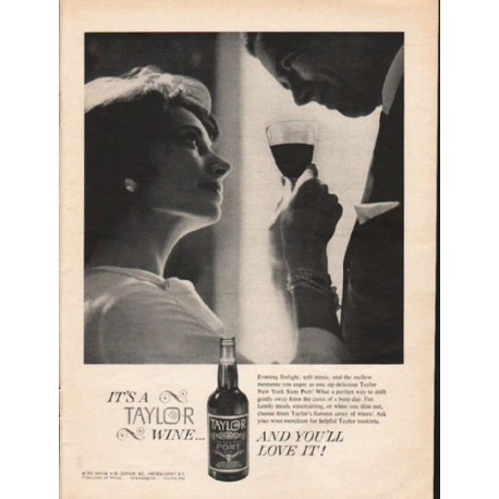 1962 Taylor New York State Port Wine Ad "Evening firelight"