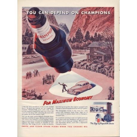 1938 Champion Spark Plugs Ad "Max Economy"