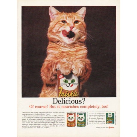 1962 Friskies Cat Food Ad "it nourishes completely"