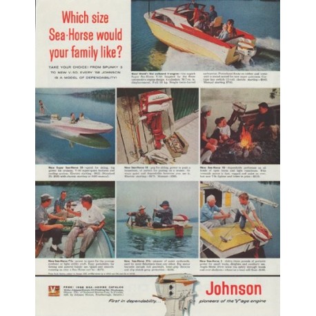 1958 Johnson Outboard Engine Ad "Sea-Horse"