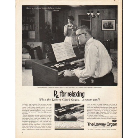 1962 The Lowrey Organ Ad "for relaxing"