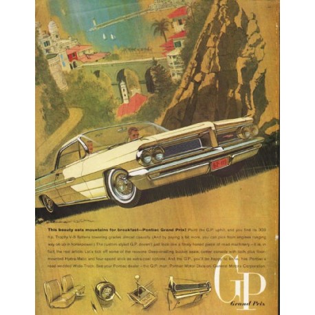 1962 Pontiac Grand Prix Ad "eats mountains for breakfast" ~ (model year 1962)