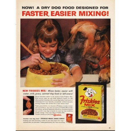 1962 Friskies Mix Dog Food Ad "faster, easier mixing"