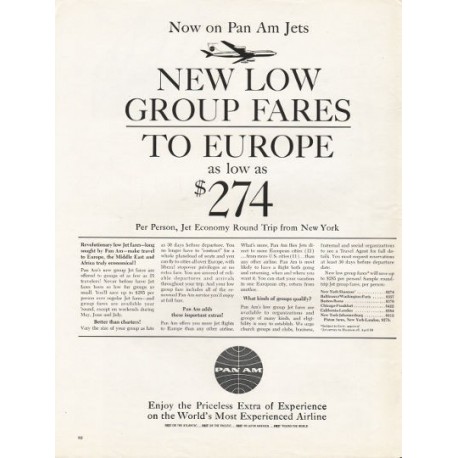 1962 Pan Am Airlines Ad "low group fares to Europe"