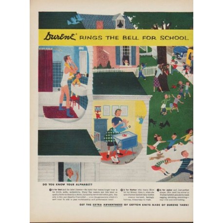 1952 Durene Cotton Yarn Ad "Durene Rings The Bell For School"