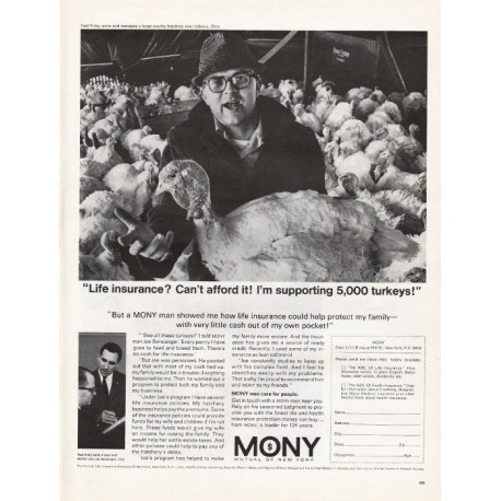 1967 Mutual of New York (MONY) Ad "I'm supporting 5,000 turkeys"