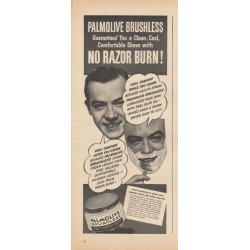 1944 Palmolive Brushless Shaving Cream Ad "no razor burn"