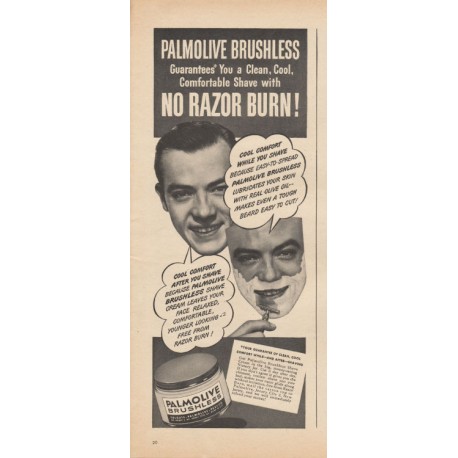1944 Palmolive Brushless Shaving Cream Ad "no razor burn"