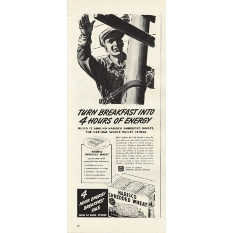 1944 Nabisco Shredded Wheat Ad "4 hours of energy"