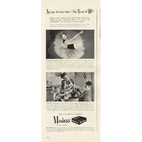 1944 Modess Sanitary Napkins Ad "on your toes"