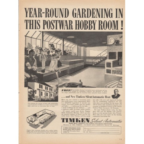 1944 Timkin Appliances Ad "postwar hobby room"