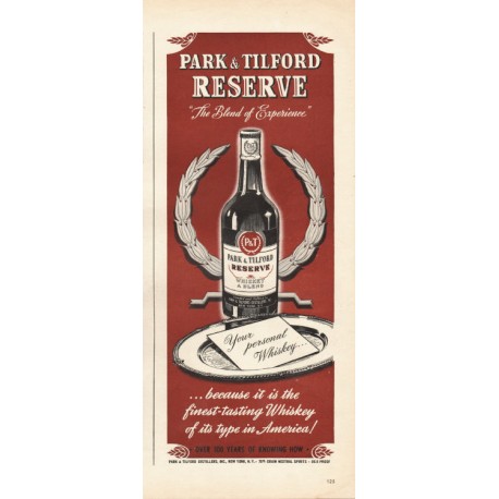1944 Park & Tilford Whiskey Ad "Blend of Experience"