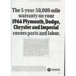 1966 Chrysler Warranty Ad "covers parts and labor"