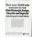 1966 Chrysler Warranty Ad "covers parts and labor"