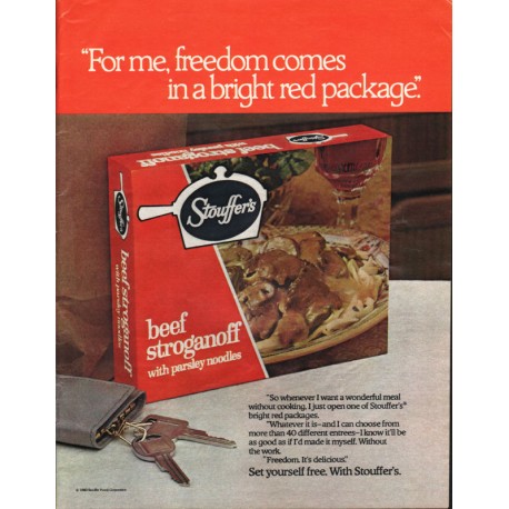 1981 Stouffer's Beef Stroganoff Ad "bright red package"