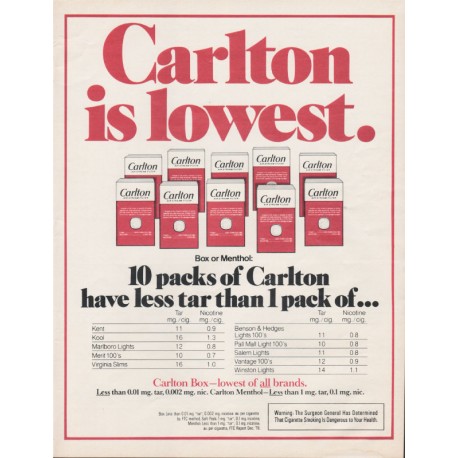 1981 Carlton Cigarettes Ad "10 packs"