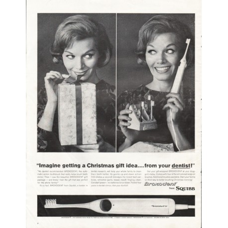 1963 Squibb Broxodent Toothbrush Ad "Christmas gift idea"