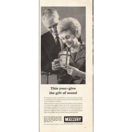 1963 Mallory Battery Company Ad "the gift of sound"