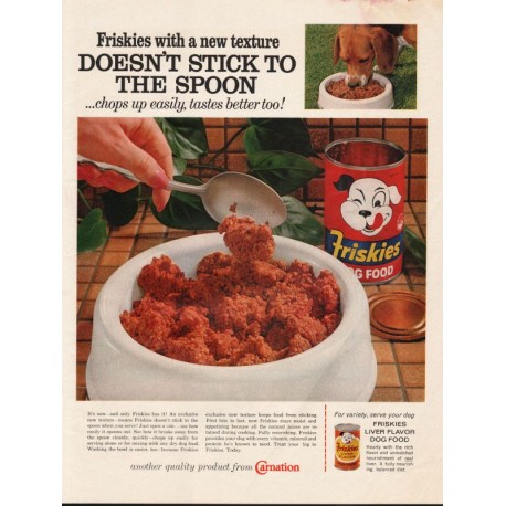 1963 Friskies Dog Food Ad "doesn't stick"