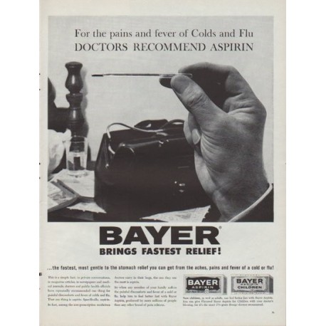 1961 Bayer Aspirin Ad "pains and fever of Colds and Flu"