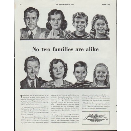 1942 John Hancock Life Insurance Company Ad "No two families are alike"