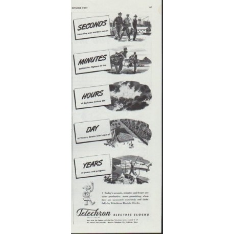 1942 Telechron Ad "Seconds, Minutes, Hours, Day, Years"