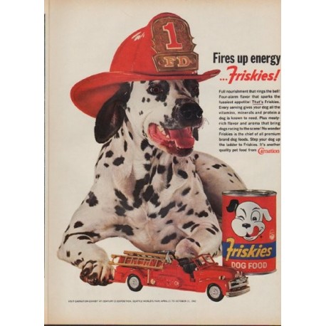 1962 Friskies Ad "Fires up energy"